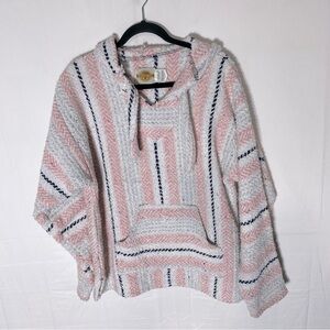 Vintage Earth Ragz Pink cream Black Striped Woven Baja Hoodie XL